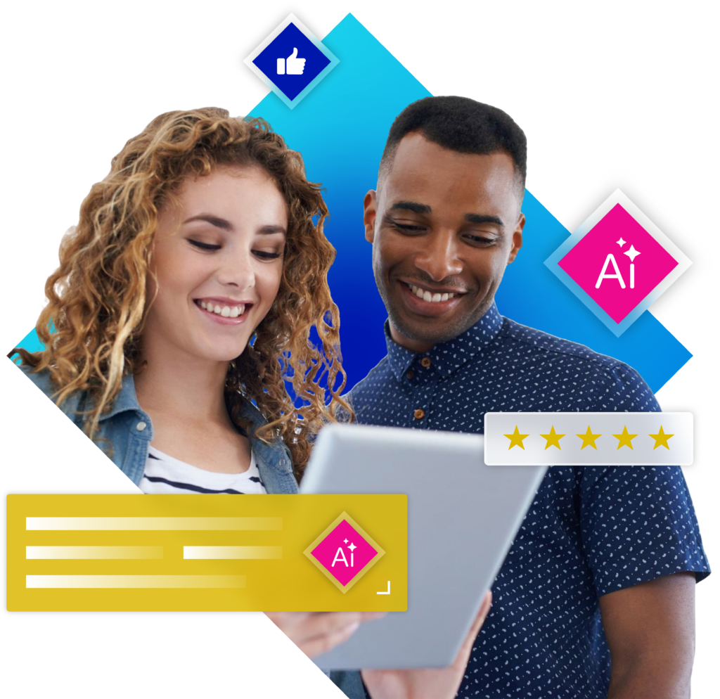 A man and woman use AI-powered research tool on laptop